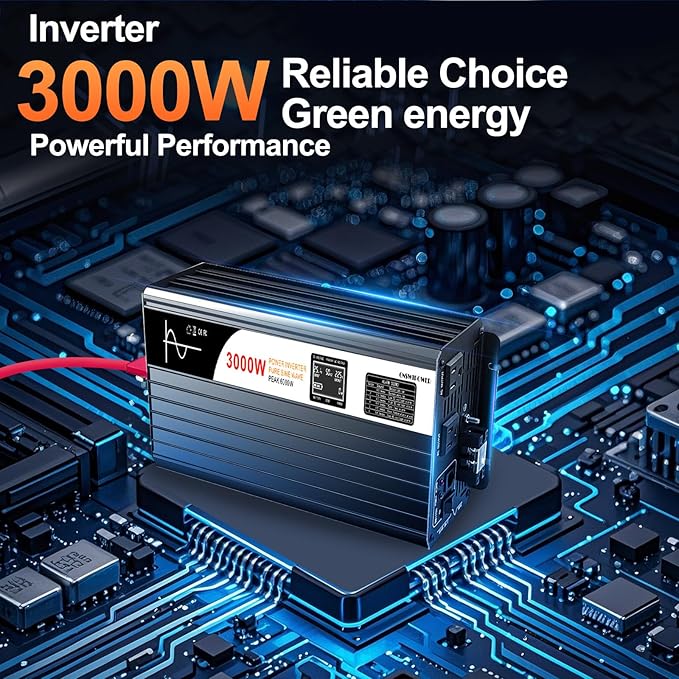 3000W Pure Sine Wave Power Inverter with Bluetooth, 6000W Surge, 12V DC(Range 10V-15V) to 120V AC Converter for Camping, RV, Truck & Home Backup