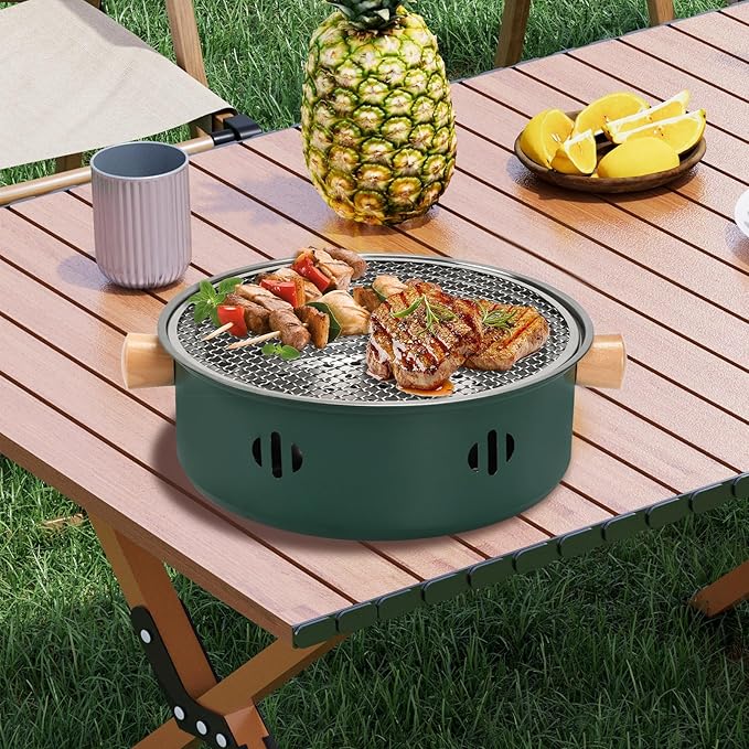 Portable Charcoal Barbecue Grill, 1pc Mini BBQ Grill Multifunctional Charcoal Grill Smokeless Round Tabletop Charcoal Grill for Indoor Outdoor Cooking Home Party Picnic Camping (Green)