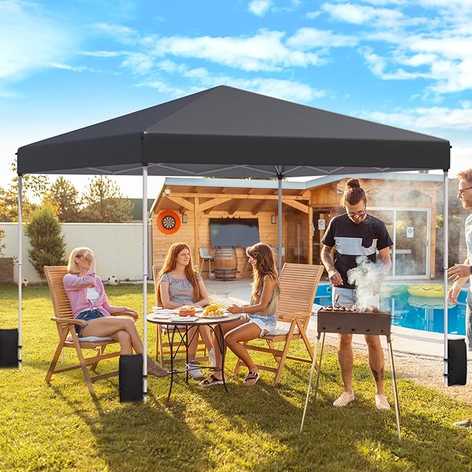 EROMMY 10x10 Pop Up Tent, Easy to Set Up Outdoor Canopy, Portable Shelter for Events, Parties, Camping with 4 Sand Bags, Wheeled Bag, 4 Ropes and 8 Spikes(Black)