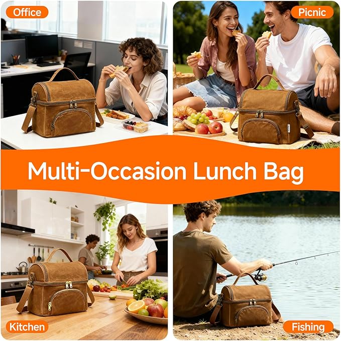 Lunch Box For Men with 2 XL icepacks,Sturdy Waxed Canvas Lunch Bag for Men,Soft adult Cooler Bag for Construction Sites,Work,Picnic and Hiking12-Can(10.5L) 10"x9.5"x7" (Biscuit Yellow)