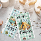 Camping Gifts for Women, Happy Camper Kitchen Towels, Funny Sayings Dish Towels Set of 2 for Camping Lovers, Farmhouse Camping Tent RV Hand Tea Towels for Housewarming Birthday Christmas, 18x26 Inches