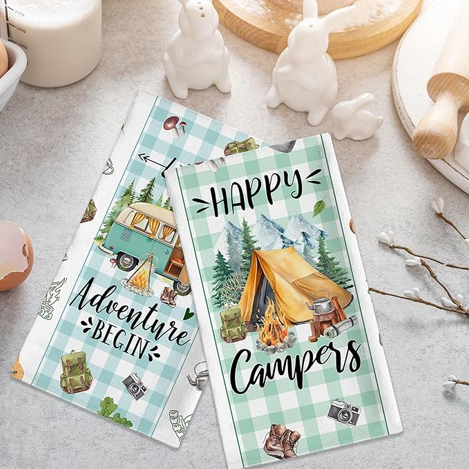 Camping Gifts for Women, Happy Camper Kitchen Towels, Funny Sayings Dish Towels Set of 2 for Camping Lovers, Farmhouse Camping Tent RV Hand Tea Towels for Housewarming Birthday Christmas, 18x26 Inches