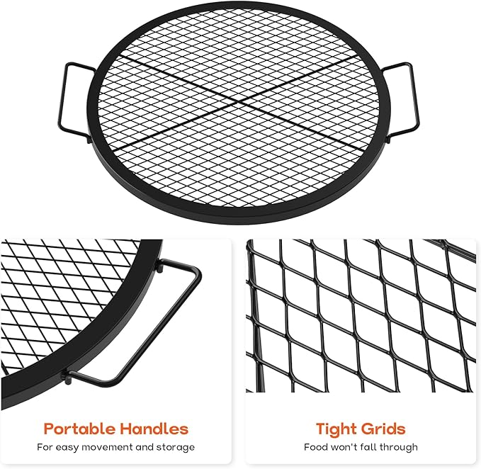 onlyfire Round Fire Pit Grill Grate, Heavy-Duty Steel Cooking Grate with X-Marks Design, Portable Campfire Grill for Outdoor BBQ, Camping, Picnics - 24 Inch