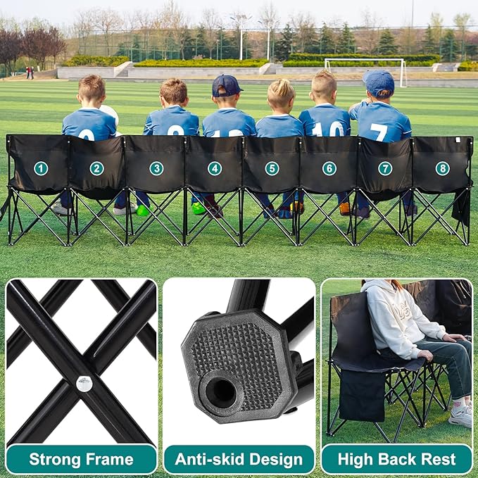 1MORE Soccer Bench - Portable Folding Team Bench, 8 Seats Foldable Sideline Benches, Soccer Chair with Bag & Backrest, Adult Team Chair for Football Camp Sport Events Outdoor Seating.Black -2PACK