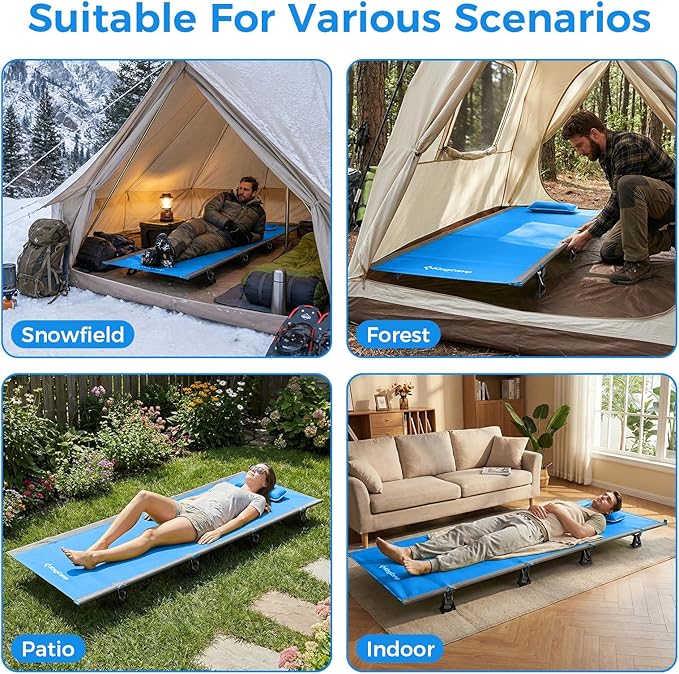 KingCamp Ultralight Camping Cot, Portable Folding Tent Camping Cot, 265 Lbs Heavy Duty Sleeping Cot with Pillow for Adults Outdoor Backpacking Travel Hiking, Blue