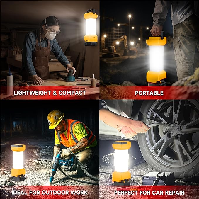 2900LM LED Work Light for Dewalt 20V MAX Battery, 360° Portable Camping Light with USB-C 20W Fast Charging, Dual Brightness, Low-Voltage Protection, Emergency Lantern(Battery Not Included)