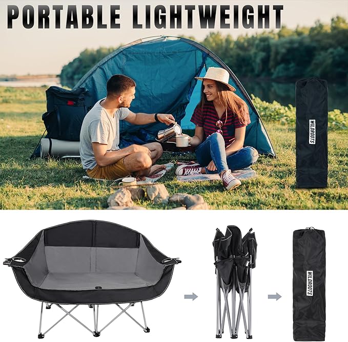 WILDROOTS Outdoor Folding Double Camping Chair Adults 2 Person,Heavy Duty 600 LBS Loveseat with 2 Cup Holder,Portable Carry Bag Included for Camping,Lawn,Backyard,Movie