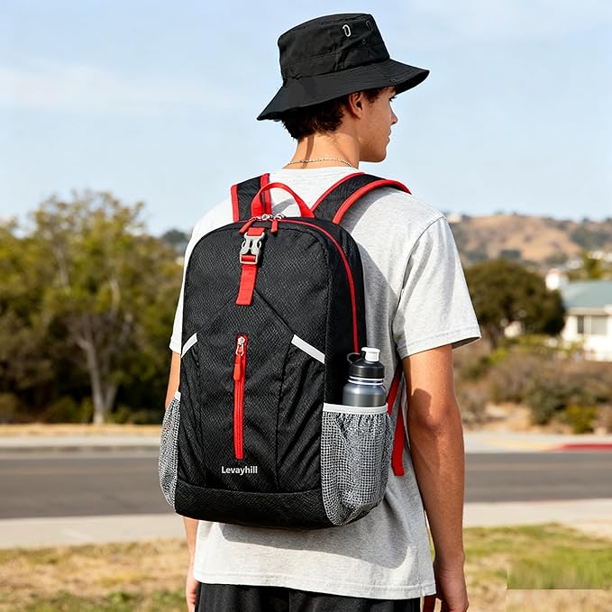 25L Foldable Backpack & Bucket Hat 2 IN1 Combo, Lightweight packable Travel Set, Compact Daypack Sun Fisherman Hat (Black)