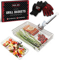 Blazin' Grill Grill Baskets for Outdoor Grill | 2 Grilling Baskets with Detachable Handle | Barbecue Grill Set with BBQ Gloves | Portable Camping Net Rack Perfect for Vegetables, Seafood & Meat