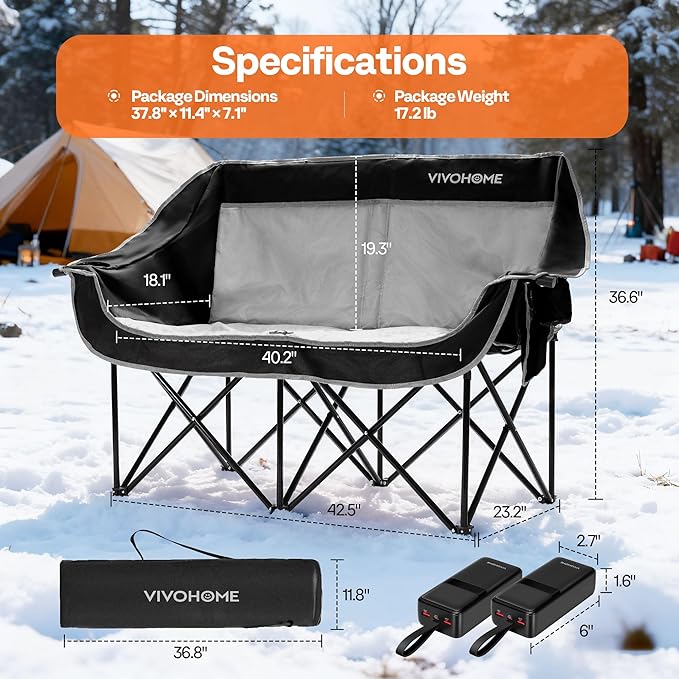 VIVOHOME 45W Padded Heating Double Camping Chair with 2 x 27000mAh Power Bank, Heated Oversized Portable Loveseat for Outdoor Sports, 3 Levels of Heat, Overheat Protection System, Black and Gray