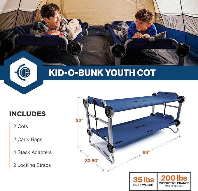 Disc-O-Bed Youth Double Cot Kid-O-Bunk, Modular for Bunk Beds, Dual Cots, or Bench with 2 Carry Bags for Portable Transport