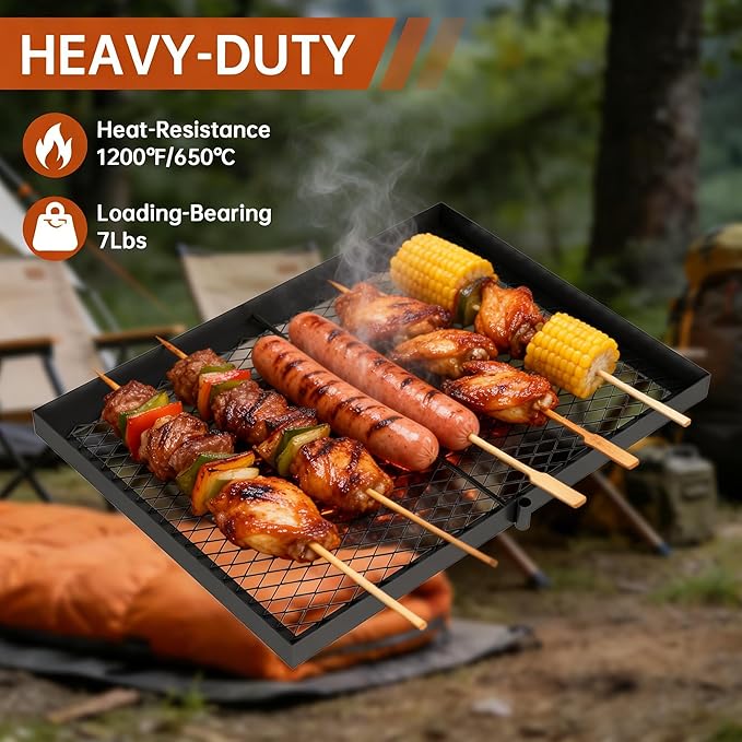 ABSCONDO Height-Adjustable Campfire Grill grate, Swivel Fire Pit Grilling Grate, Heavy Duty Portable Over Fire Cooking Grate with Handbag for Outdoor Camping Hiking Backpacking and Family Gatherings