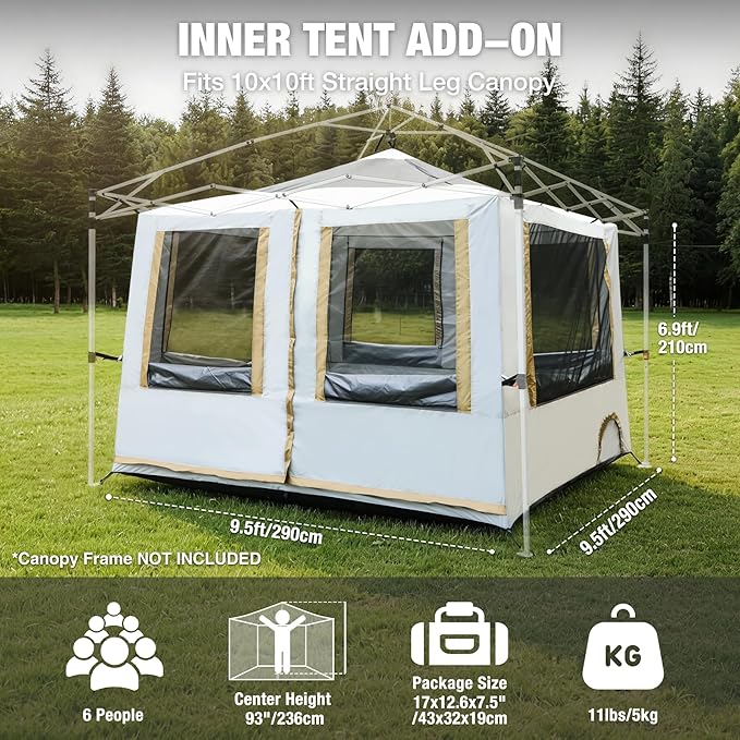 REDCAMP Canopy Camping Tent for Pop Up Canopy, Inner Tent with Mesh Window, Converts Straight Leg 10ft Canopy into Camping Shelter, Fits 4-6 Person, Khaki White(Frame/Shelter NOT Included)
