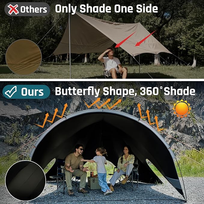 Large Blackout Camping Tarp with Poles Waterproof Shade Canopy Tent Tarp Sun Shade Shelter for Outdoor Camping Backyard Picnic - Included Guy Lines & Luminous Tent Stakes, Gray