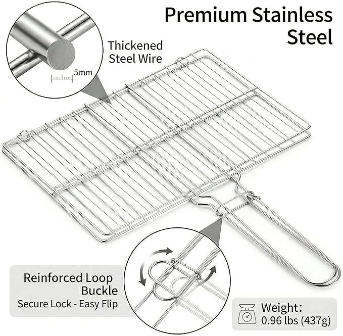 Stainless Steel Fish Grill Basket for Outdoor BBQ, Heavy Duty Lockable Grilling Rack for Fish Vegetables Steak Veggies Shrimp Meat, Portable Campfire Cooking Mesh Grate Tool, 12 x 8 Inch