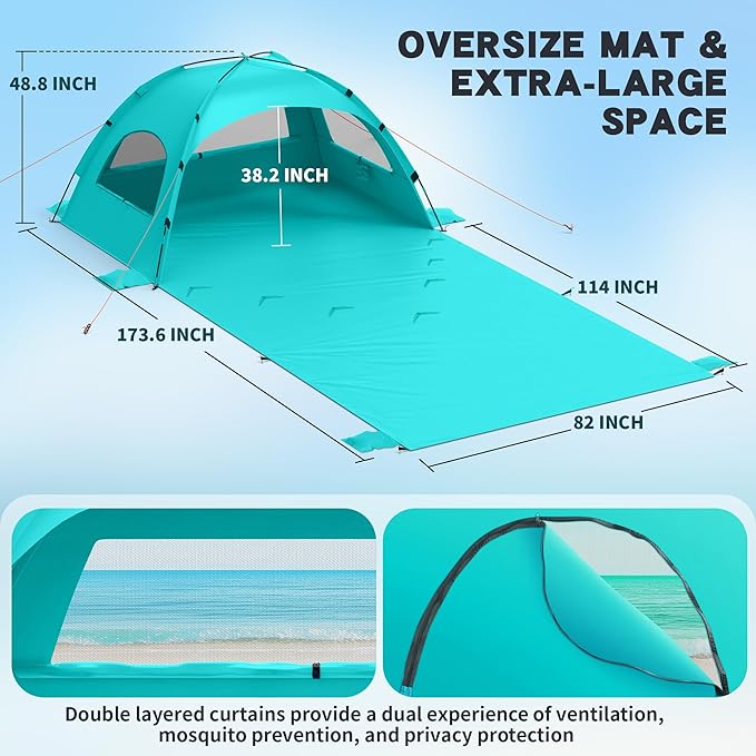 Beach Tent Sun Shelter with Extended Sand Mat 114×82inch，UPF 50+ Protection, 3 Double-Layer Windows for Enhanced Privacy; Portable Beach Shade, 3-4 People. Windproof and Waterproof
