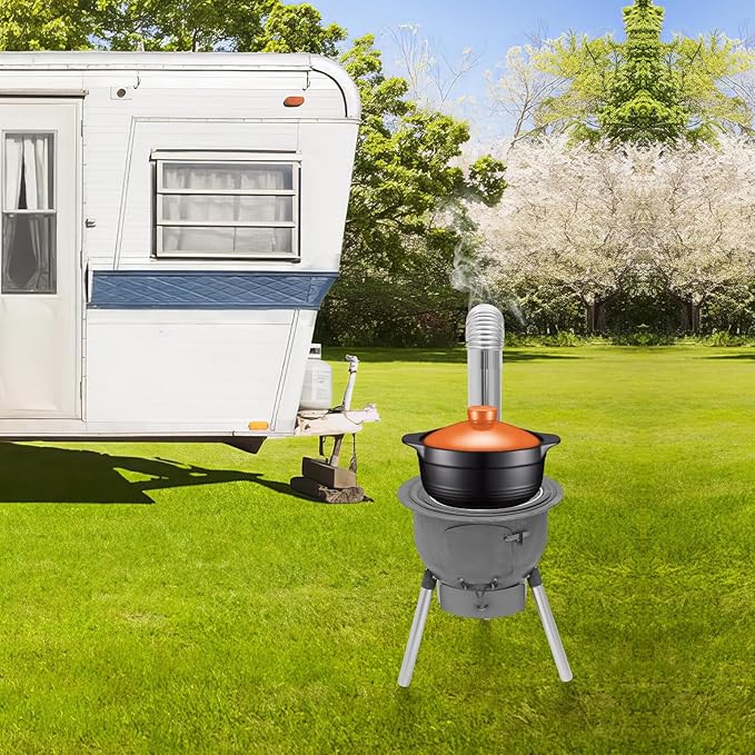 Wood Burning Stove with Grill Rack, Portable Camping Rocket Stove Chimney Charcoal Grill & 3 stove rings, for Outdoor Backyard Cooking, Picnic and Barbecue (Silver+Grey, 16.9 in)