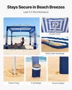 VEVOR Beach Cabana, 8 x 8 ft Beach Canopy with Side Wall, UPF 50+ Protection Easy Setup Cabana Tent with Sand Pockets, Adjustable Height Portable Shade Sun Shelter Umbrella for Family, Navy Stripes