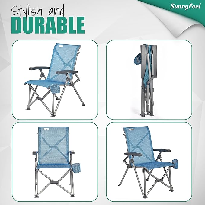 SUNNYFEEL Folding Camping Chair Heavy Duty Ergonomic Chairs Support 500lbs with Adjustable Breathable High Back Support and Cup Holder, Aluminum Frame for Fishing, Camp, Beach, Lawn, RV, Patio