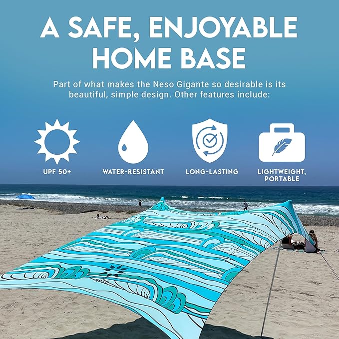 Neso Gigante Portable Beach Tent Sun Shelter - Lightweight Beach Shade Canopy - Easy Setup for Family Outings - Patented Reinforced Corners - UPF 50+ Sun Protection - 8ft Tall, 11 x 11ft - Swells