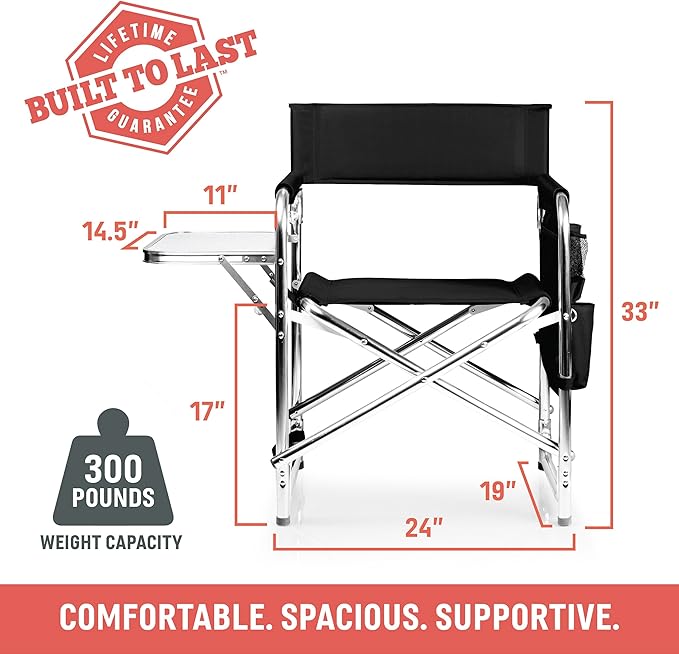 PICNIC TIME Sports Chair with Side Table and Armrest Caddy, Lightweight Aluminum Folding Outdoor Camping Chair for Adults, Portable Director Style Lawn Seating with Pockets & Carry Strap, (Red)
