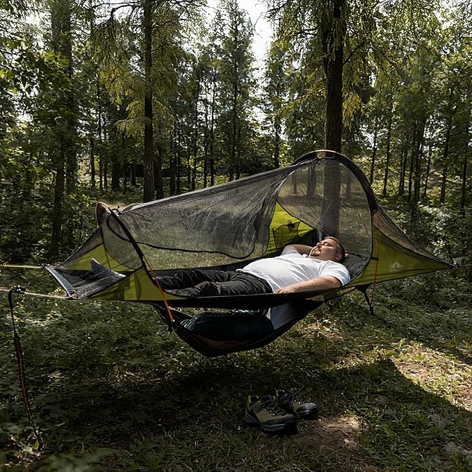 Night Cat Flat Lay Hammock Tent: Portable Lightweight Camping Hammock with Mosquito Net Waterproof Rainfly for 1 Person Outdoor Camping Green