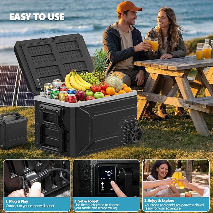 Kndko 12 Volt Car Refrigerator, 68 Quart (64L) Dual Zone Electric Cooler, Fast Cooling Portable Fridge 12V/24V DC 100-240V AC, -4℉~68℉, 12v cooler with Wheels & 2 Baskets for Camping, Road Trip, Truck