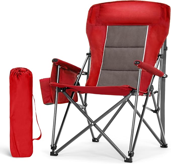 LET'S CAMP Oversized 29.52" High Back Camping Chairs Heavy Duty Lawn Chair Support 500LBS, Portable Collapsible Chair with Cup Holder, Side Pocket(Red)