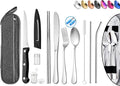 Portable Reusable Travel Utensils Silverware With Case, Camping Cutlery Set, Chopsticks and Straw, Flatware With Case, Stainless Steel Top (Silver)