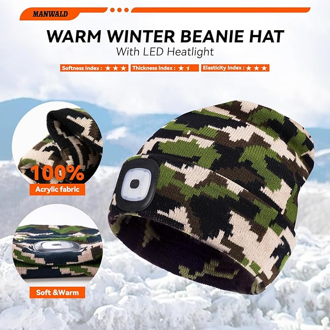 LED Beanie Hat with Light, USB Rechargeable LED Headlamp, Birthday Gifts for Women Adults, Gifts for Men, Him, Boyfriend, Husband, Camouflage, 2PCS