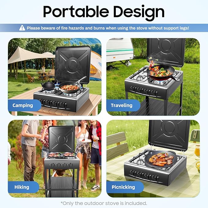 4 Burner Gas Stove, Portable Outdoor Stove with Double storage shelves and Independent Knobs, Heavy Duty Propane Gas Cooker with Wind Blocking Cover for Outdoor Camping BBQ(Black)