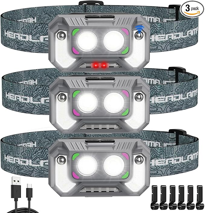 LED Headlamp Lightweight with Red Light Motion Sensor, 5 Modes USB-C Rechargeable, 6-Hour Runtime, Waterproof Headlight for Camping, Running, Fishing, Work, and Emergencies, 3 Pack