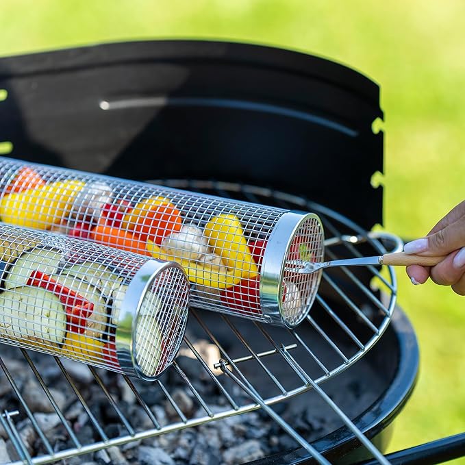 2PCS Rolling Grill Baskets for Outdoor Grill, Big Green Egg Accessories-Set Includes Fork, Hook, and Oil Brush-304g Stainless Steel-Perfect Gifts for Dad, Camping Must Haves, Unique Gifts