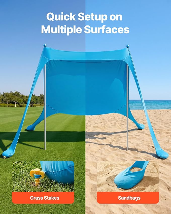 VEVOR Beach Tent Sun Shelter, UPF50+ Sun Protection, 6.6 ft Tall, 7.5x7.5 ft, Easy Pop Up Beach Canopy with Sandbags, Stability Poles, Sand Shovels, Portable Shade for Family Outings, Camping, Fishing