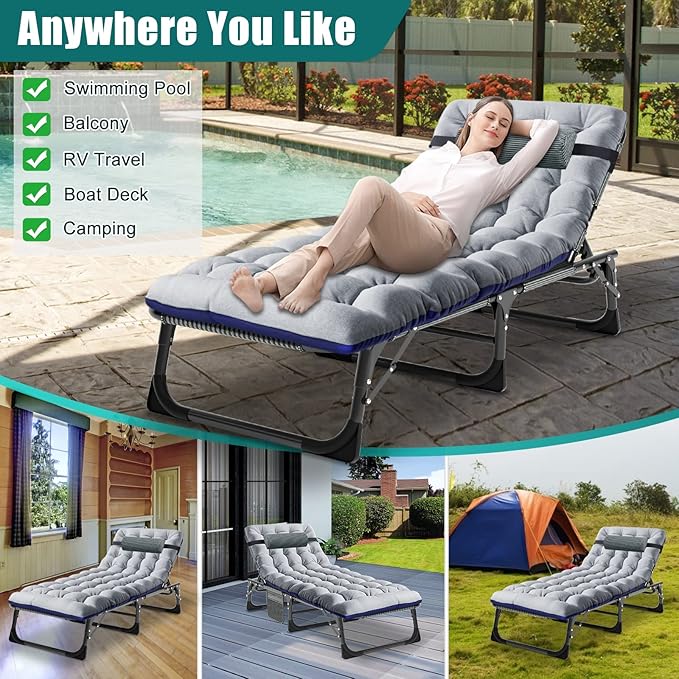 DoCred Folding Lounge Chair with Mattress, 5 Position Adjustable Folding Sleeping Bed Cot Chaise Lounge Chairs Perfect for Sunbathing, Camping, Pool, Beach, Patio