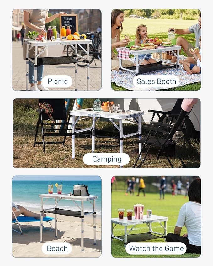 Outvita Folding Table, 2FT Aluminum Camping Table with Storage Adjustable Height Picnic Table Lightweight for Carring Outdoor Party Events Beach
