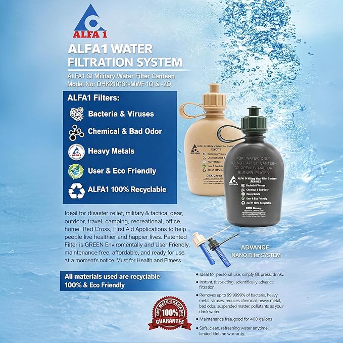 ALFA1 OD GI Military Water Filter Canteen 1 Quart/32oz | Built-in Nano Filter | Improves Taste & Odor | Leak Proof BPA-Free Plastic | Camping, Hiking, Backpacking, Outdoor & Travel