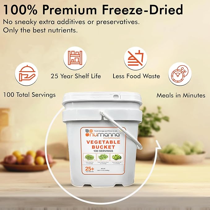 Numanna Mega Emergency Freeze-Dried 6 Vegetables Buckets 600 Servings Contains Peas, Green Beans & Broccoli | Non-GMO, No Preservatives, No MSG Camping & Emergency Survival Food 25 Years Shelf Life
