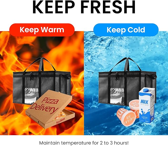 NZ home Insulated Bags for Food Delivery (3XL) Grocery Shopping Cooler Bag, Pizza Delivery, Hot & Cold Catering Tote, Reusable, Foldable & Heavy Duty (10 Pack, Black)