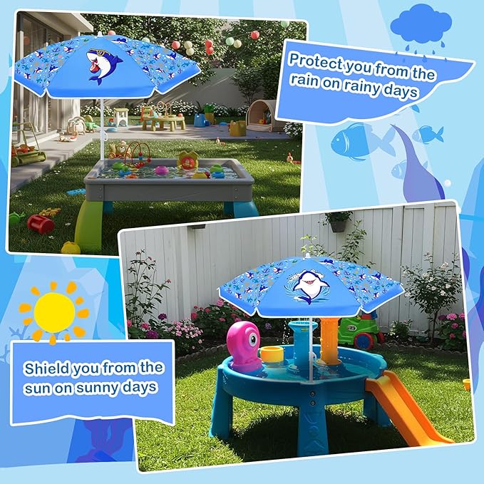 Sweetude Water Table Umbrella (Table Not Included), Kids Seaside Beach Umbrella Picnic Canopy for Summer Toddlers Sand Beach Camping Garden Outdoor Pool Shade Party Supply(Shark Theme)