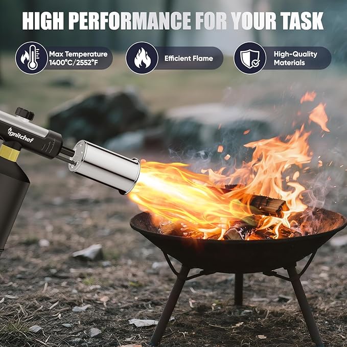 Propane Torch Gun with One-Touch Max Fire, Kitchen Blow Torch with a Safety Lock for Sous Vide Searing Steak, Grill, Charcoal Starter, Campfire(Propane Tank Not Included)