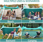 Gardentime Beach Tent Canopy with 8 Sandbags 4 Aluminum Poles, Pop Up Portable Camping Sun Shelter, Easy Set Up with 2 Sand Shovel, Ground Pegs, Carrying Bag for Outdoor Beach,Picnic, Fishing