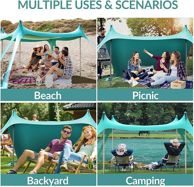Gardentime Beach Tent Canopy with 8 Sandbags 4 Aluminum Poles, Pop Up Portable Camping Sun Shelter, Easy Set Up with 2 Sand Shovel, Ground Pegs, Carrying Bag for Outdoor Beach,Picnic, Fishing
