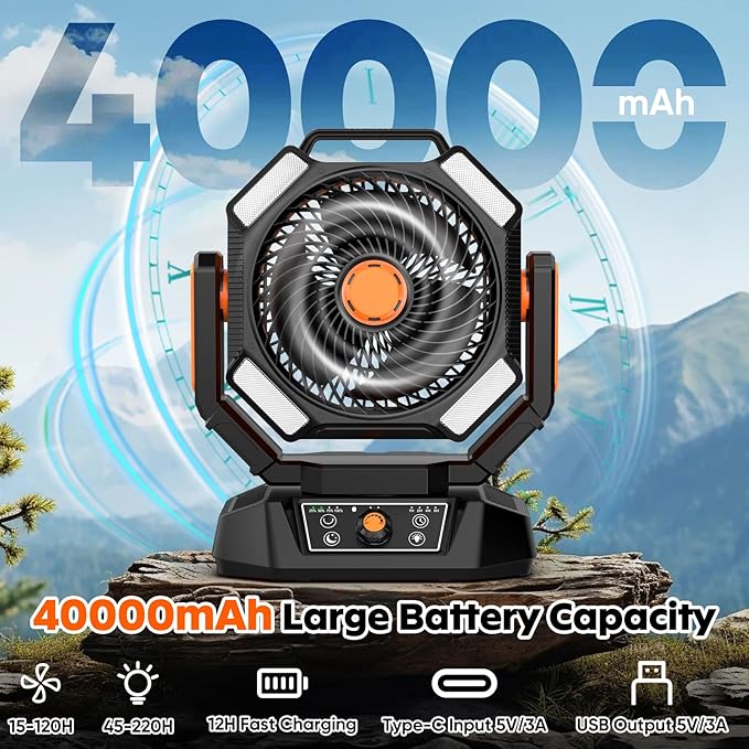 40000mAh Camping Fan, 8 Speed Powerful Battery Powered with 120H Max Cooling, Auto Oscillating with LED Lantern, Portable Rechargeable Fan with Charger, Remote Control for Camping Jobsite Outages