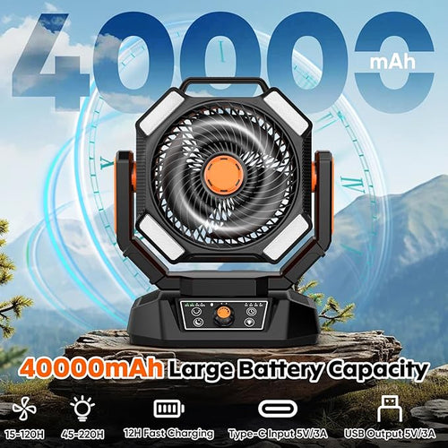 40000mAh Camping Fan, 8 Speed Powerful Battery Powered with 120H Max Cooling, Auto Oscillating with LED Lantern, Portable Rechargeable Fan with Charger, Remote Control for Camping Jobsite Outages