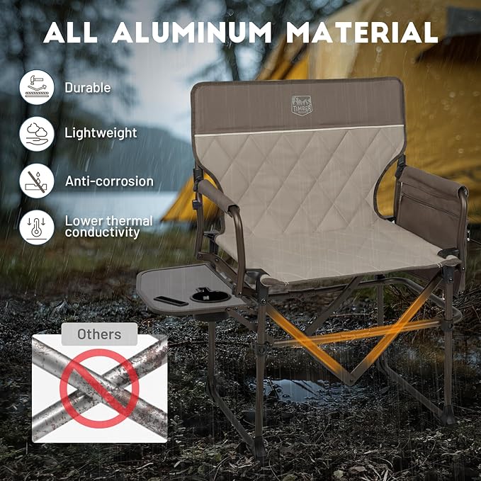 TIMBER RIDGE 2 Pack Aluminum Camping Directors Chair with Side Table Pocket, Portable Folding Heavy Duty Lawn Chair for Fishing Trip Picnic Concert Outdoor 400lbs, Tan