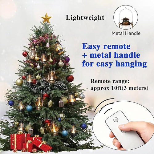 12PCS Black Mini Lanterns with Remote Control, 5.1" H/13cm (6.7" H with Handle) Vintage LED Lantern Decorative - Christmas Table Centerpieces, Western Party Decorations & Camping Party Decor