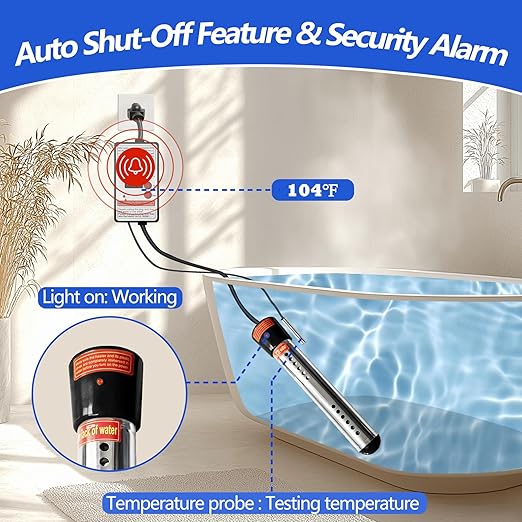 Immersion Water Heater 1500W – Portable Stainless Steel Bucket Heater with Thermostat, Anti-Scald Guard, Auto Shut-Off & Digital Temp Control for Home, Hot Tub, Spa, Camping, RV