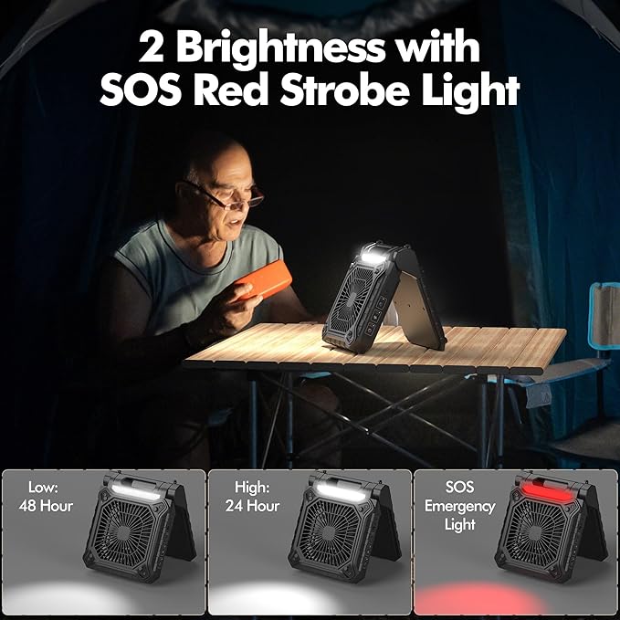 Solar Fan with LED Lantern - Battery Powered with Solar Panel, 90° Adjust, 3 Speed & Timer, 40Hrs Cooling, Rechargeable Battery Operated, Solar Powered for Camping Outdoor Fishing Travel RV Hurricane