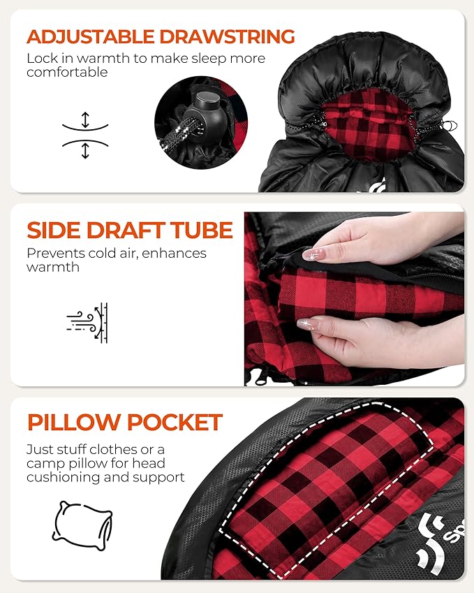 Sportneer Sleeping Bags for Adults, 0 Degree Sleeping Bag XL Flannel Winter Cold Weather Sleeping Bag with Detachable Hood Compression Sack for Camping, Backpacking, Hiking